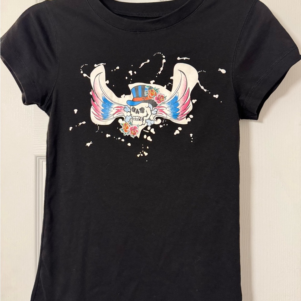 Vintage Skull And Wings Graphic Tee Black Short Sleeve Top Hat Roses Rock Punk